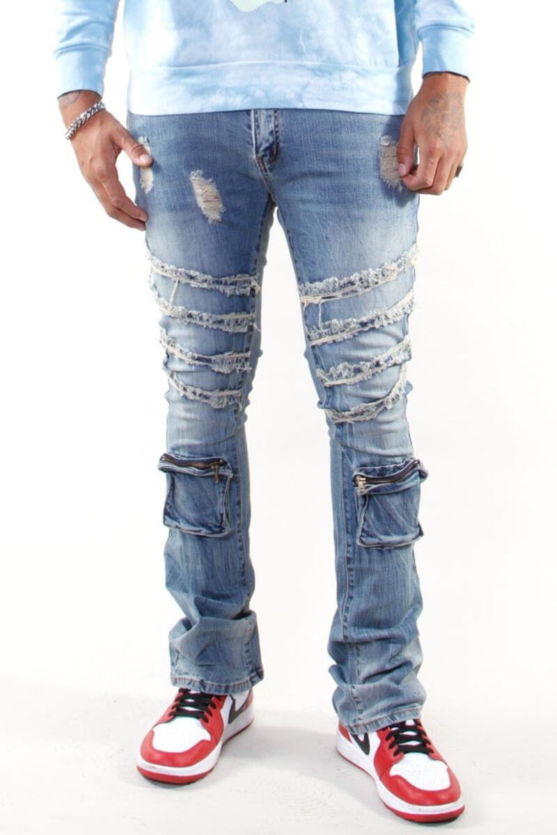 STUD POCKET JEANS MID WASH
