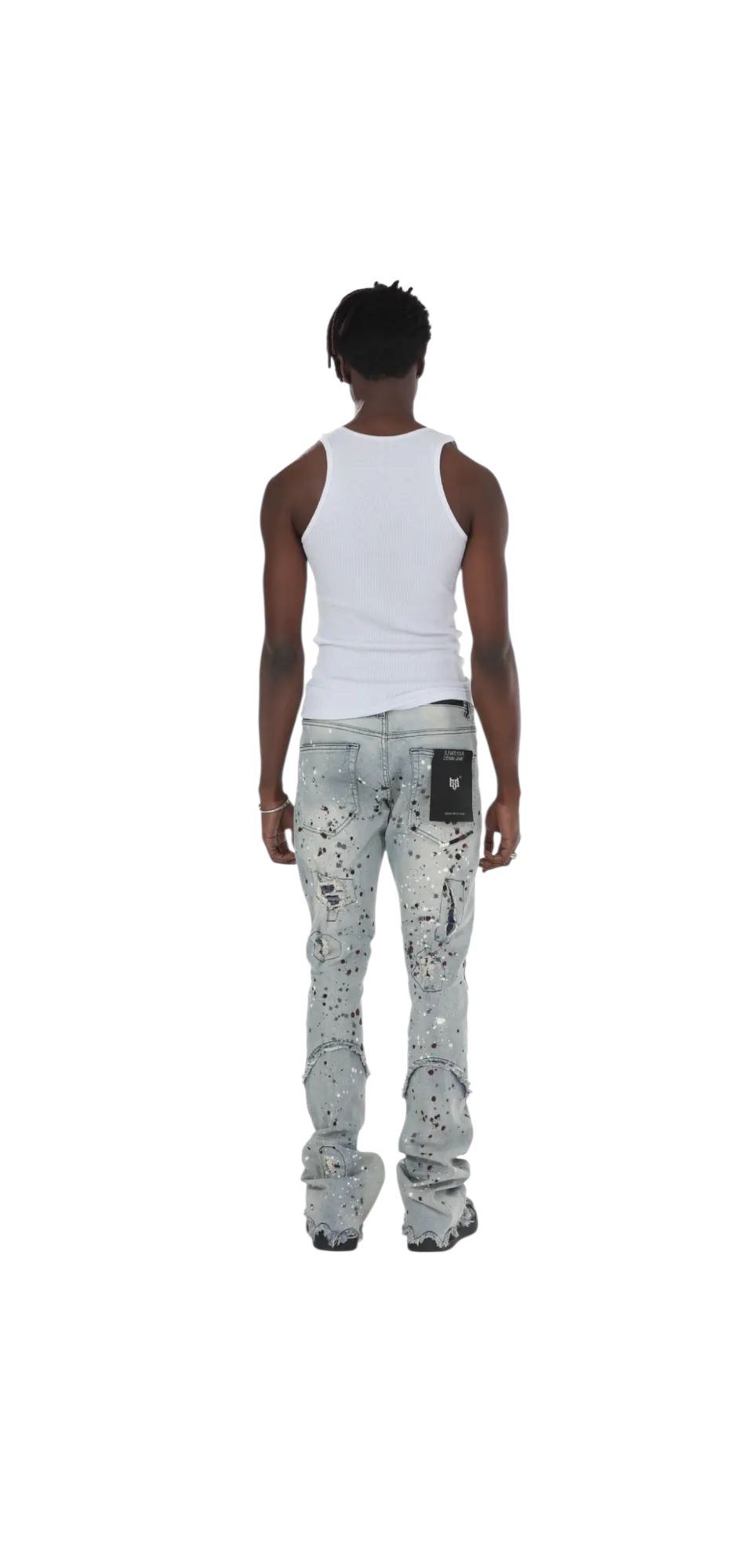 BLUE PAINT SPLATER STACKED JEANS