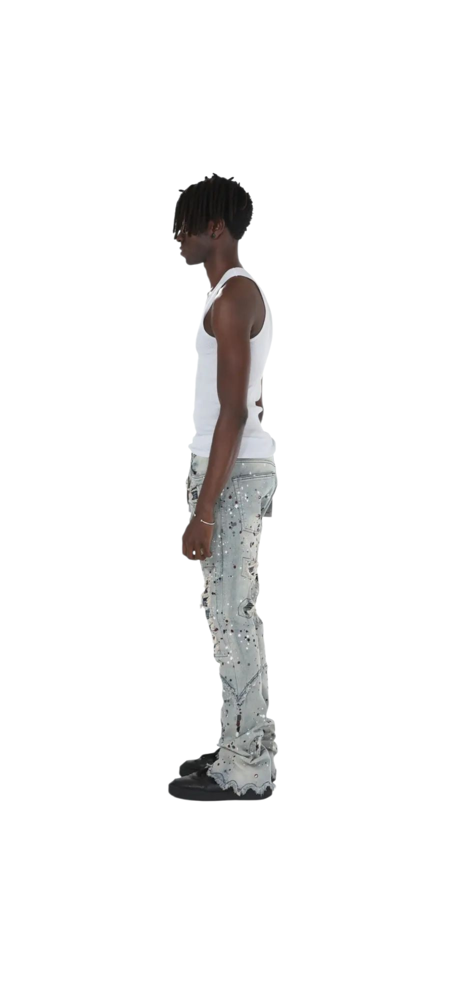 BLUE PAINT SPLATER STACKED JEANS