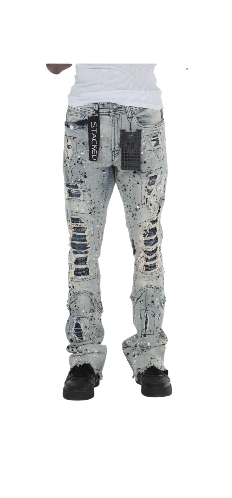 BLUE PAINT SPLATER STACKED JEANS