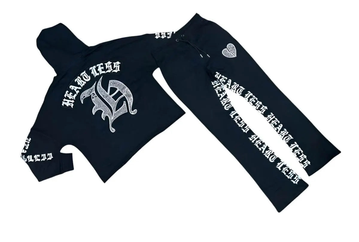 Heartless Cropped Stone Stacked Terry Jogging Sets - Black