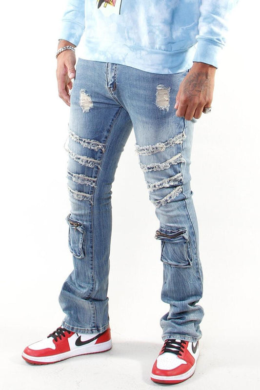 STUD POCKET JEANS MID WASH