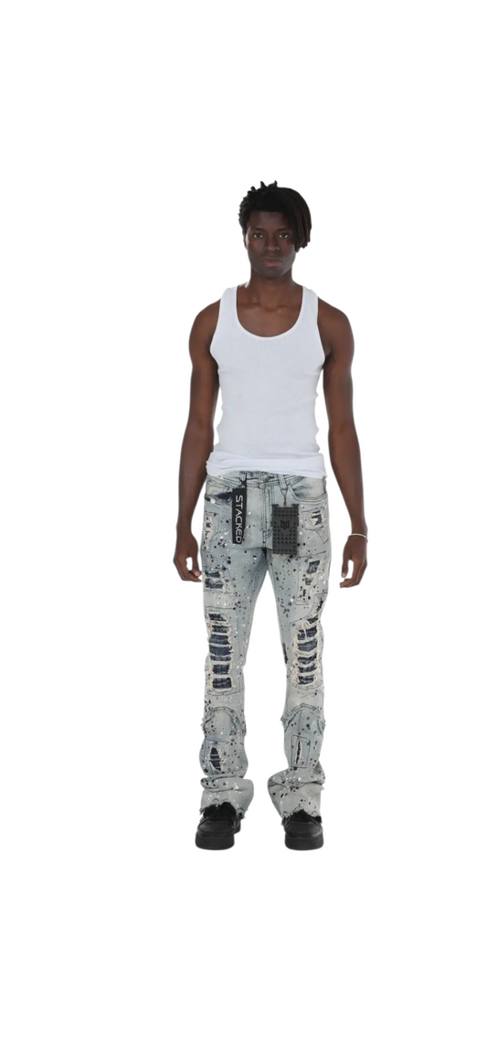 BLUE PAINT SPLATER STACKED JEANS