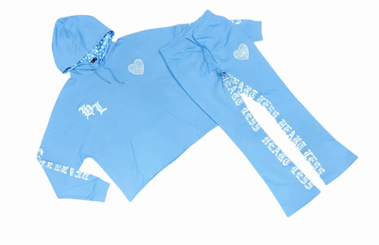 - Heartless Cropped Stone Stacked Terry Jogging Sets - BABY BLUE