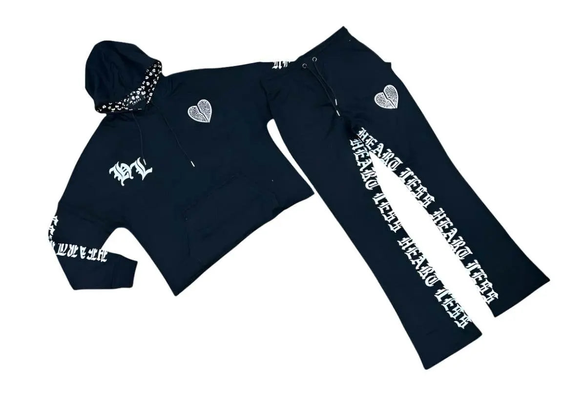 Heartless Cropped Stone Stacked Terry Jogging Sets - Black
