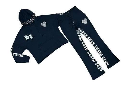 Heartless Cropped Stone Stacked Terry Jogging Sets - Black