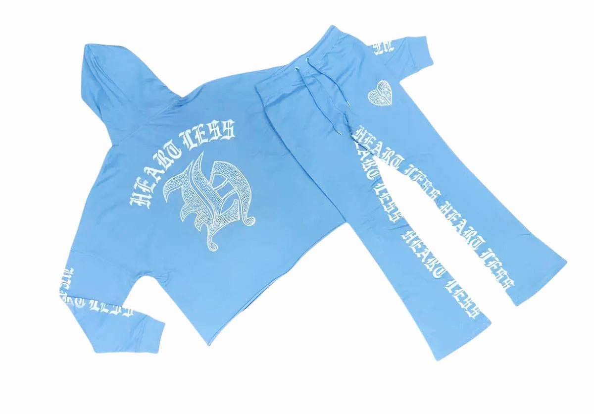 - Heartless Cropped Stone Stacked Terry Jogging Sets - BABY BLUE